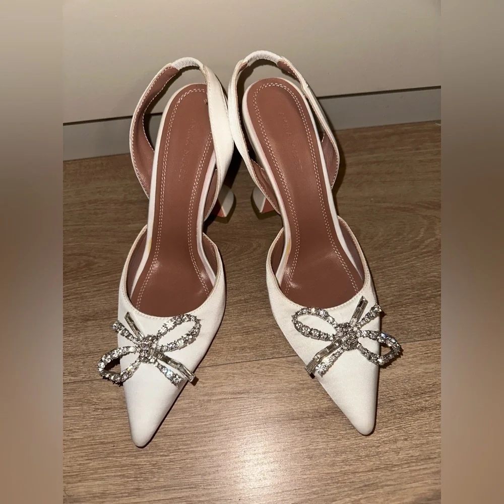 Amina Muaddi Rosie White Heels with Crystal Bow size 36